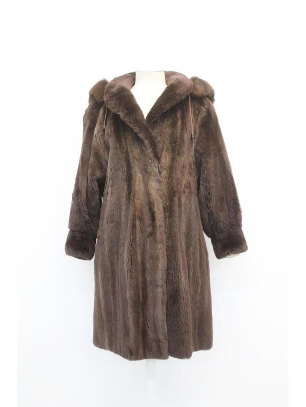 Excellent Brown Sheared Raccoon & Fox Fur Coat Jacket Women Woman Size 8-10 Hood
